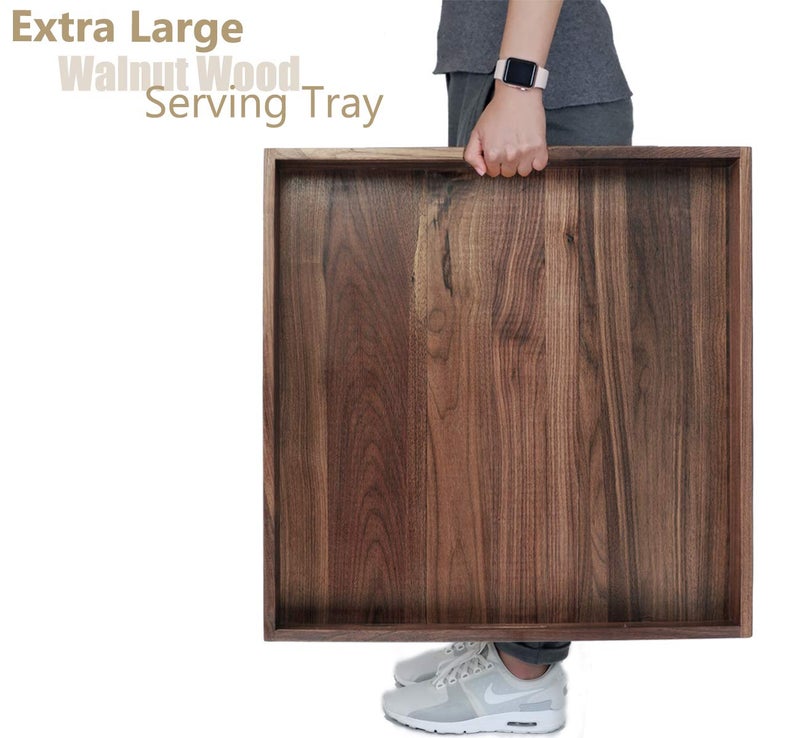 MAGIGO 22 x 22 Inches Large Square Black Walnut Wood Ottoman Tray with Handles, Serve Tea, Coffee or Breakfast in Bed, Classic Wooden Decorative Serving Tray - Image 5